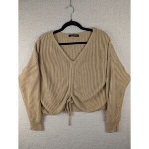 Simplee Cropped Drop Shoulder Knit Sweater Tan Size Small